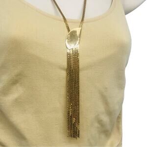 80s Vintage Bolo Style Gold Tone Necklace Medallion with Fringe MCM Art Deco